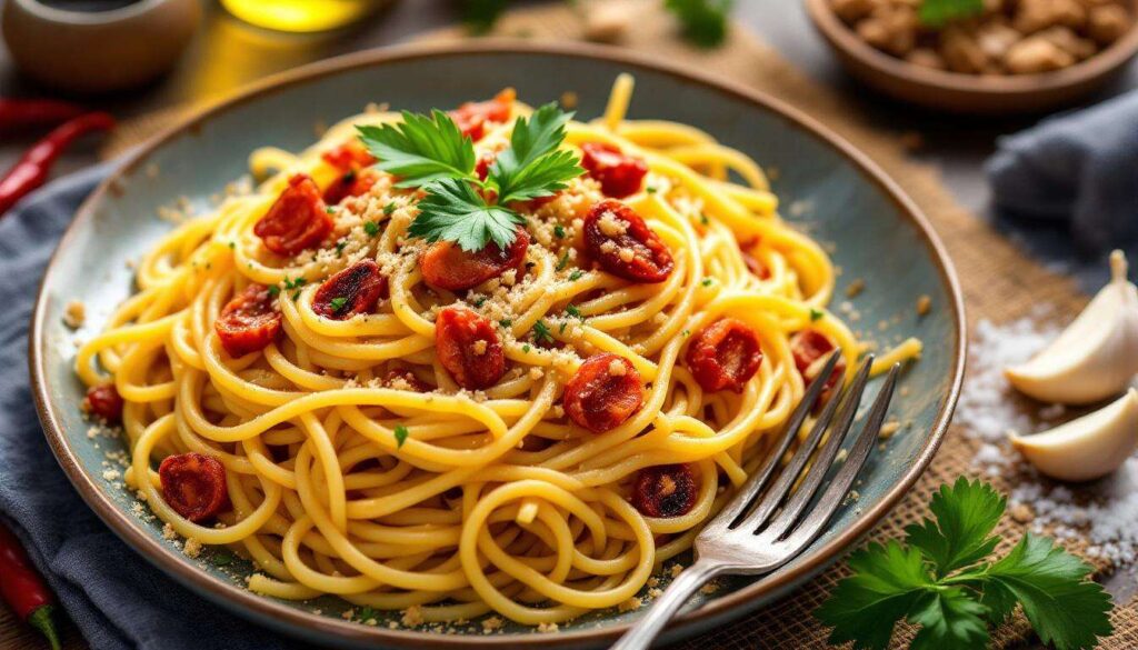 Mai provato spaghetti così? Burro, alici e pane croccante: irresistibili!