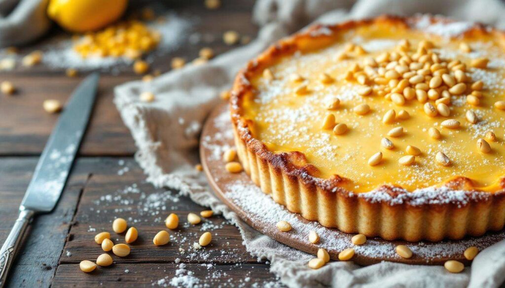Torta della nonna senza burro: frolla all'olio, crema al limone e pinoli dorati